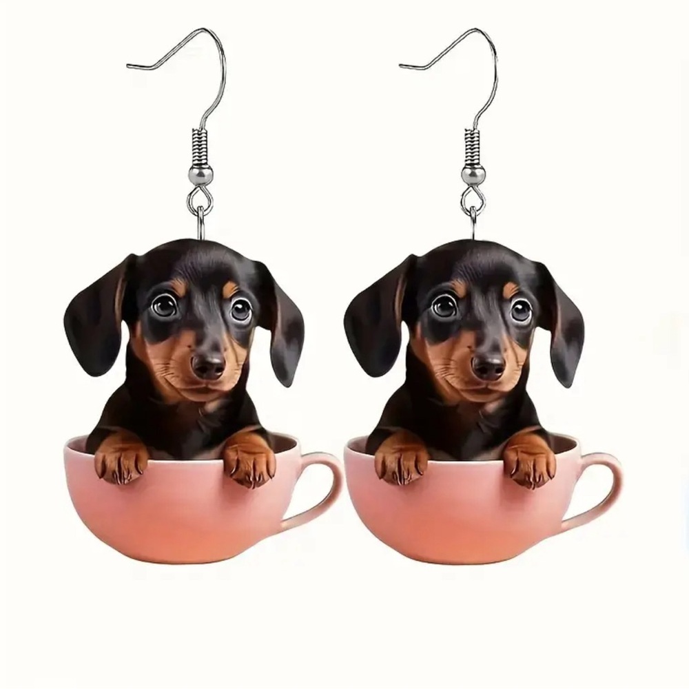 Adorable puppy dachshund, and a pink teacup earrings - Picture 3 of 4
